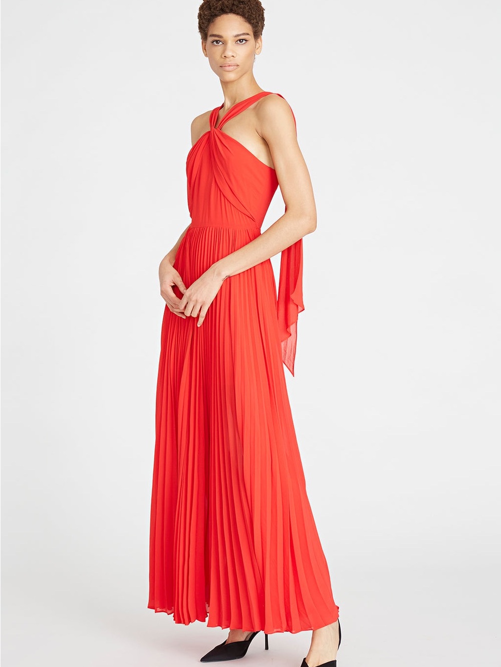 AMUR Coral-Red Twist Halter Pleated Maxi Dress | size 2